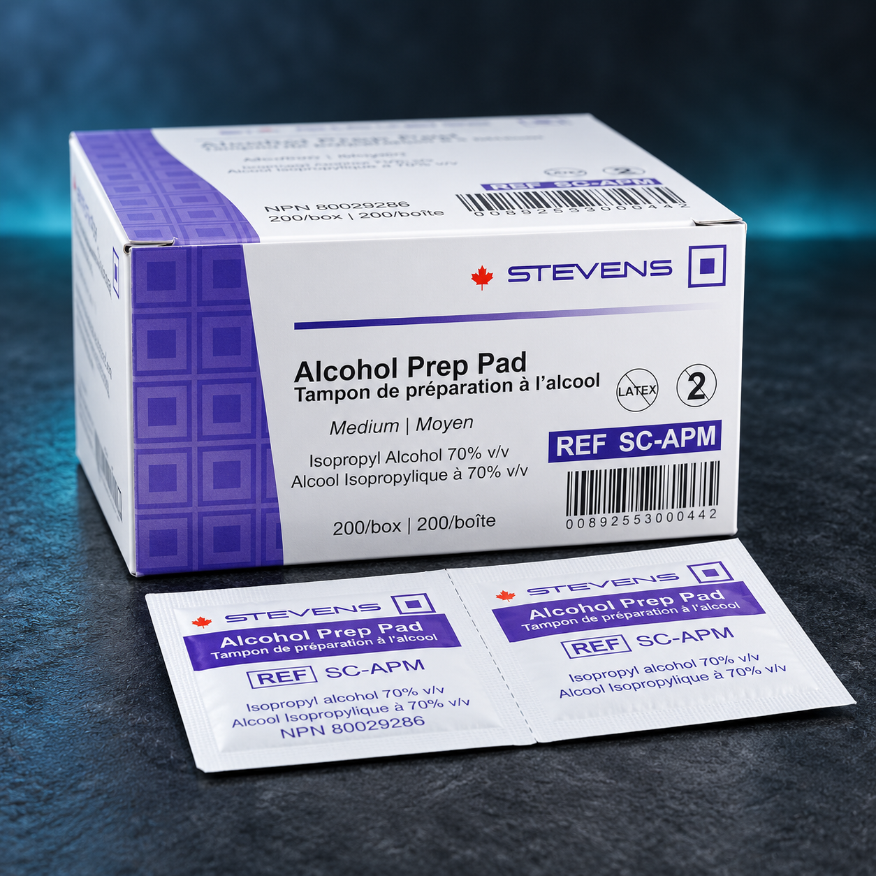 Stevens medium alcohol prep pad box and sealed sachets in original manufacturer branding