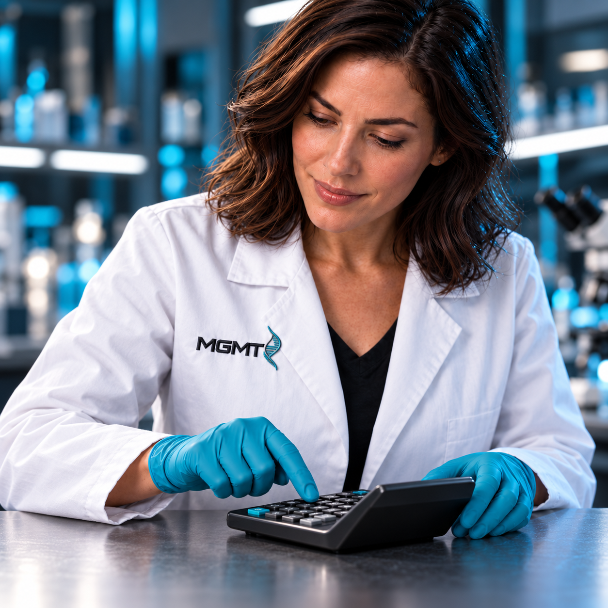 Brunette MGMT researcher calculating a sample measurement on a calculator