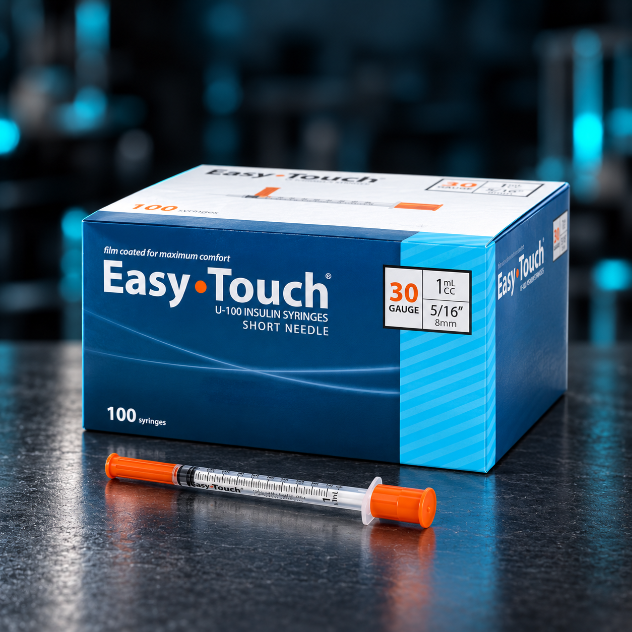 EasyTouch U-100 insulin syringes in original manufacturer packaging