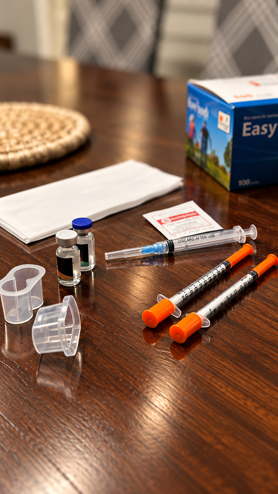 Research vials, syringes, alcohol pads and vial holders arranged on a wooden table