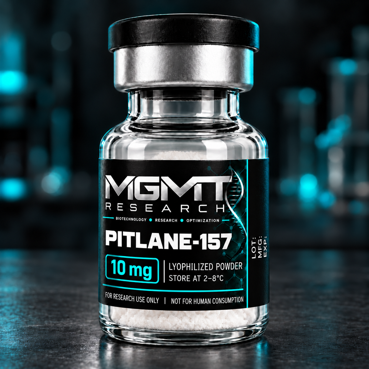 MGMT Research PITLANE-157 10 mg BPC-157 vial with black, silver and teal label