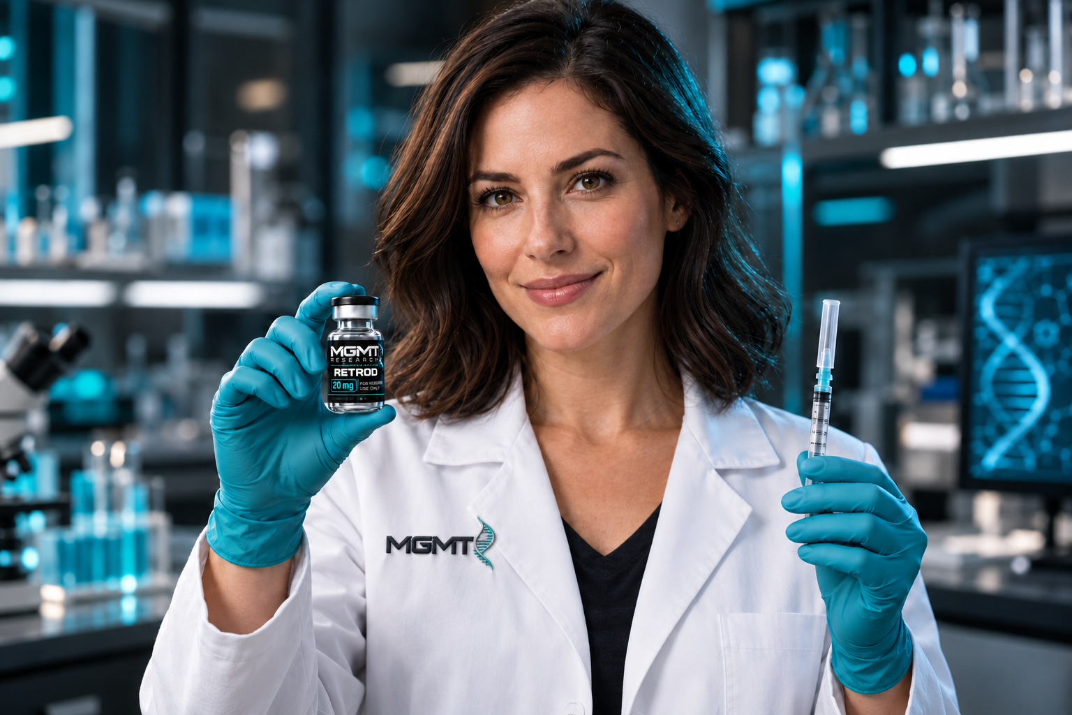Illustrative brunette researcher in an MGMT lab coat holding a RETROD vial and capped syringe against a softly blurred laboratory