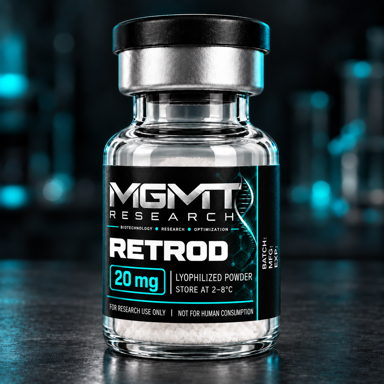 MGMT Research RETROD 20 mg vial packaging concept