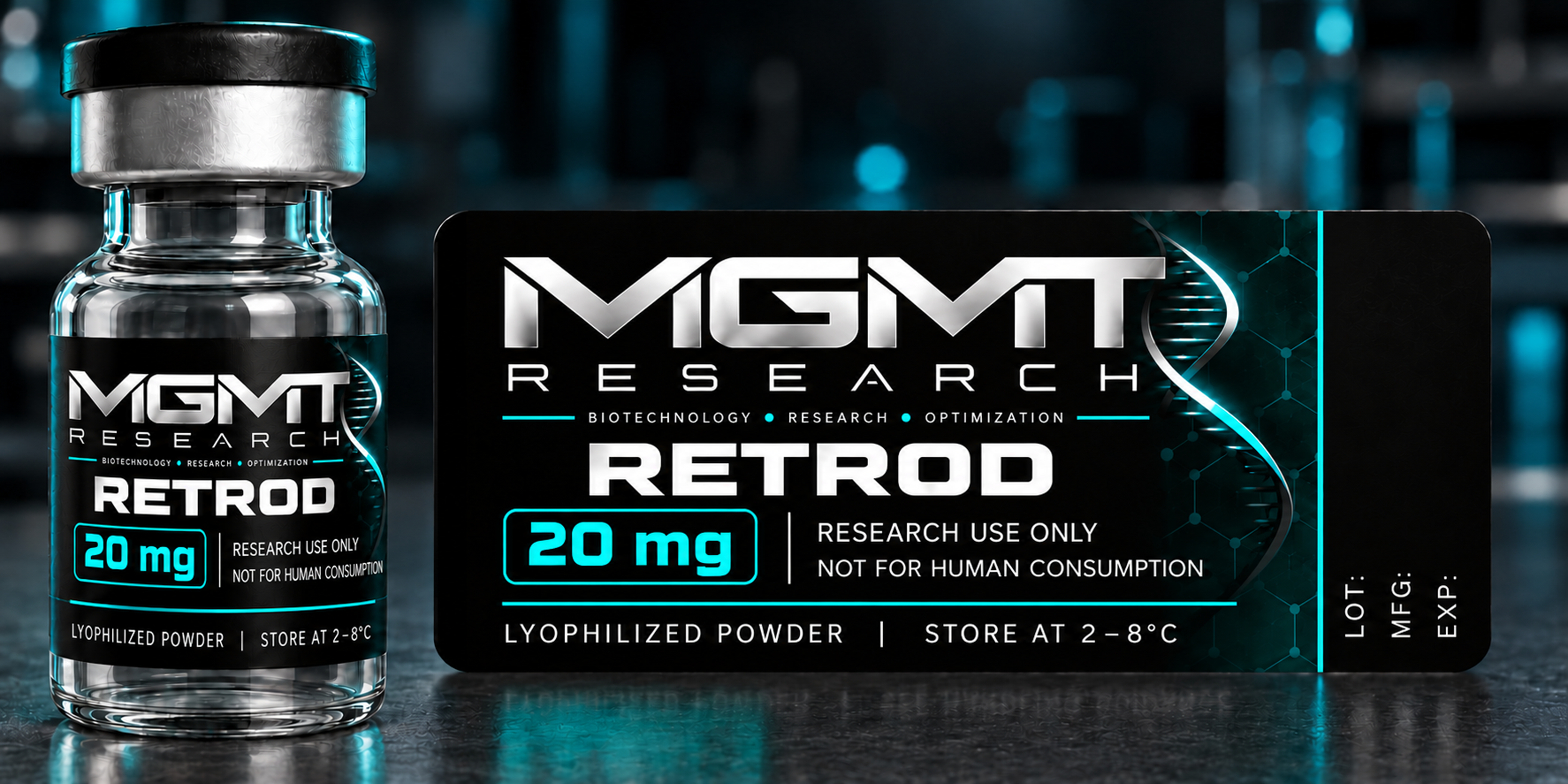 MGMT Research RETROD 20 mg vial and matching approved label with LOT, MFG and EXP fields