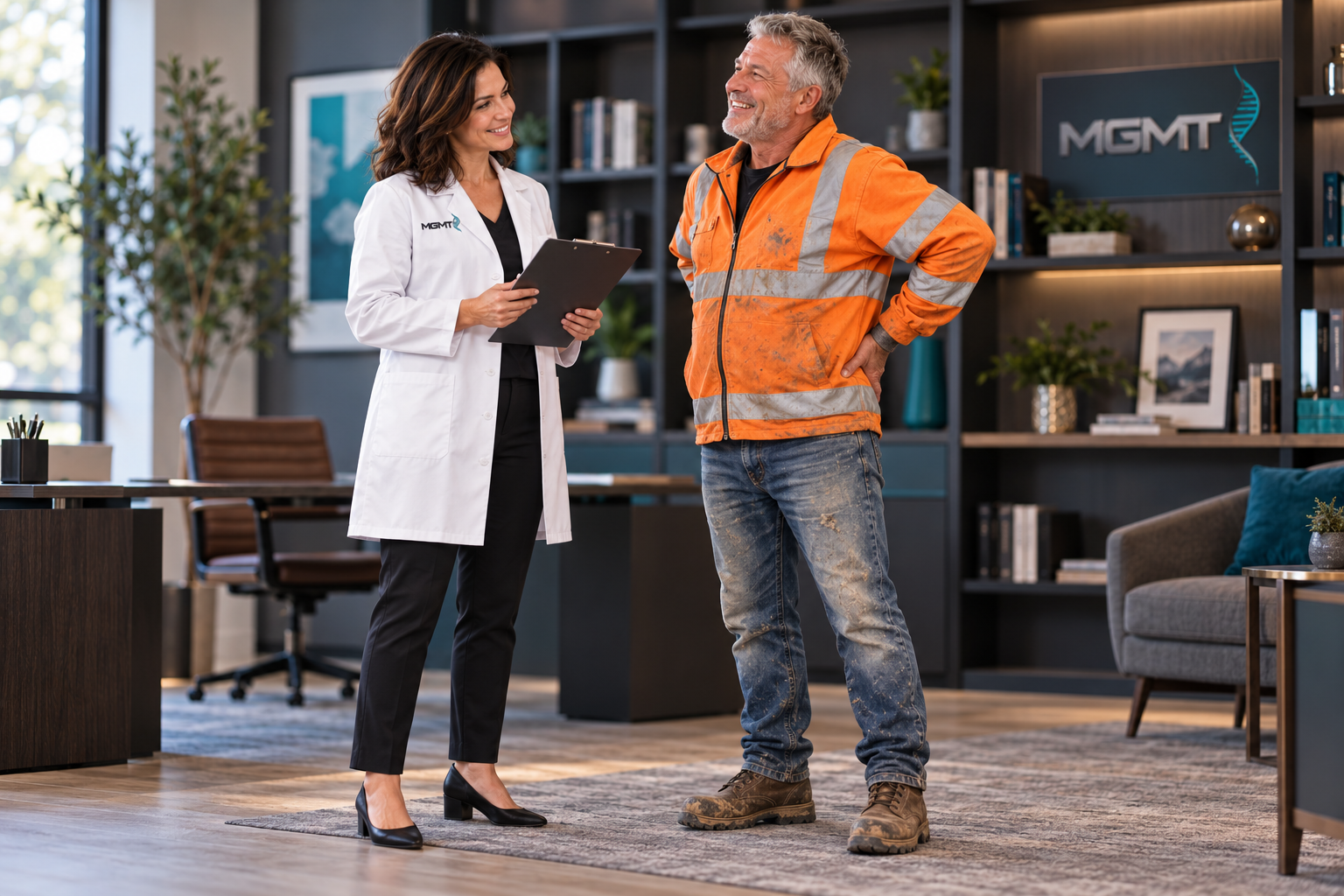 Illustrative brunette in an MGMT lab coat sharing good news with a smiling older construction worker straightening his back, wearing a safety jacket, jeans and dirty boots in an office