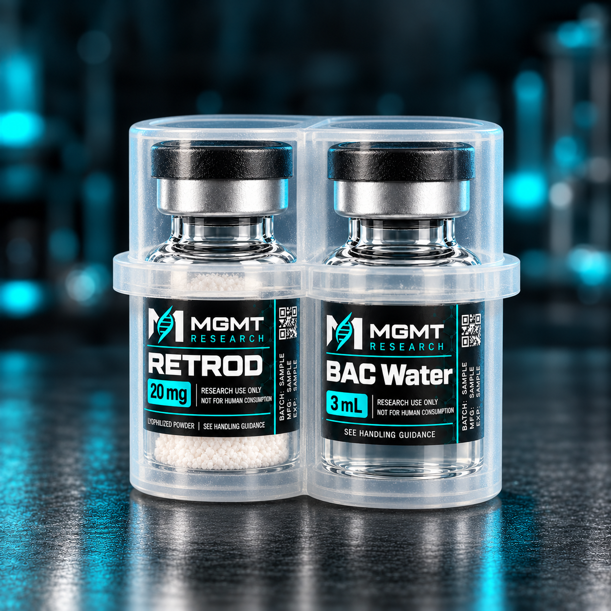 MGMT Research RETROD 20 mg and BAC Water 3 mL vials in a compact translucent-white plastic dual-vial holder