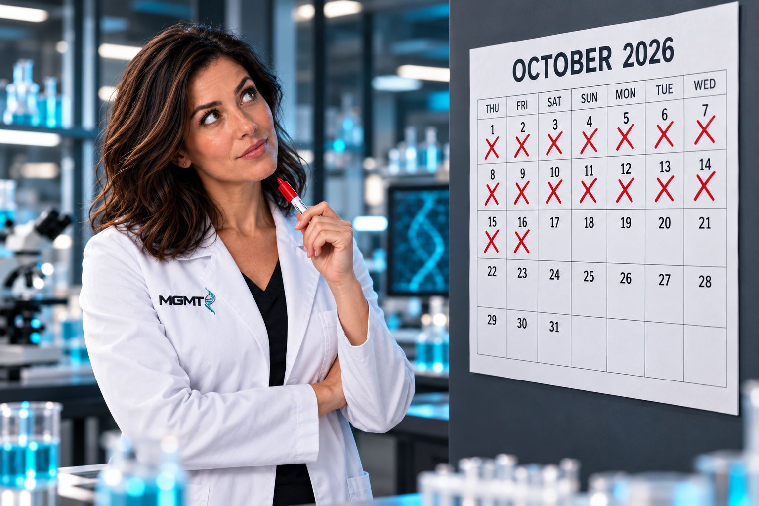 Brunette in an MGMT Research lab coat looking at a wall calendar with days 1 through 16 crossed out in red, against a softly blurred laboratory