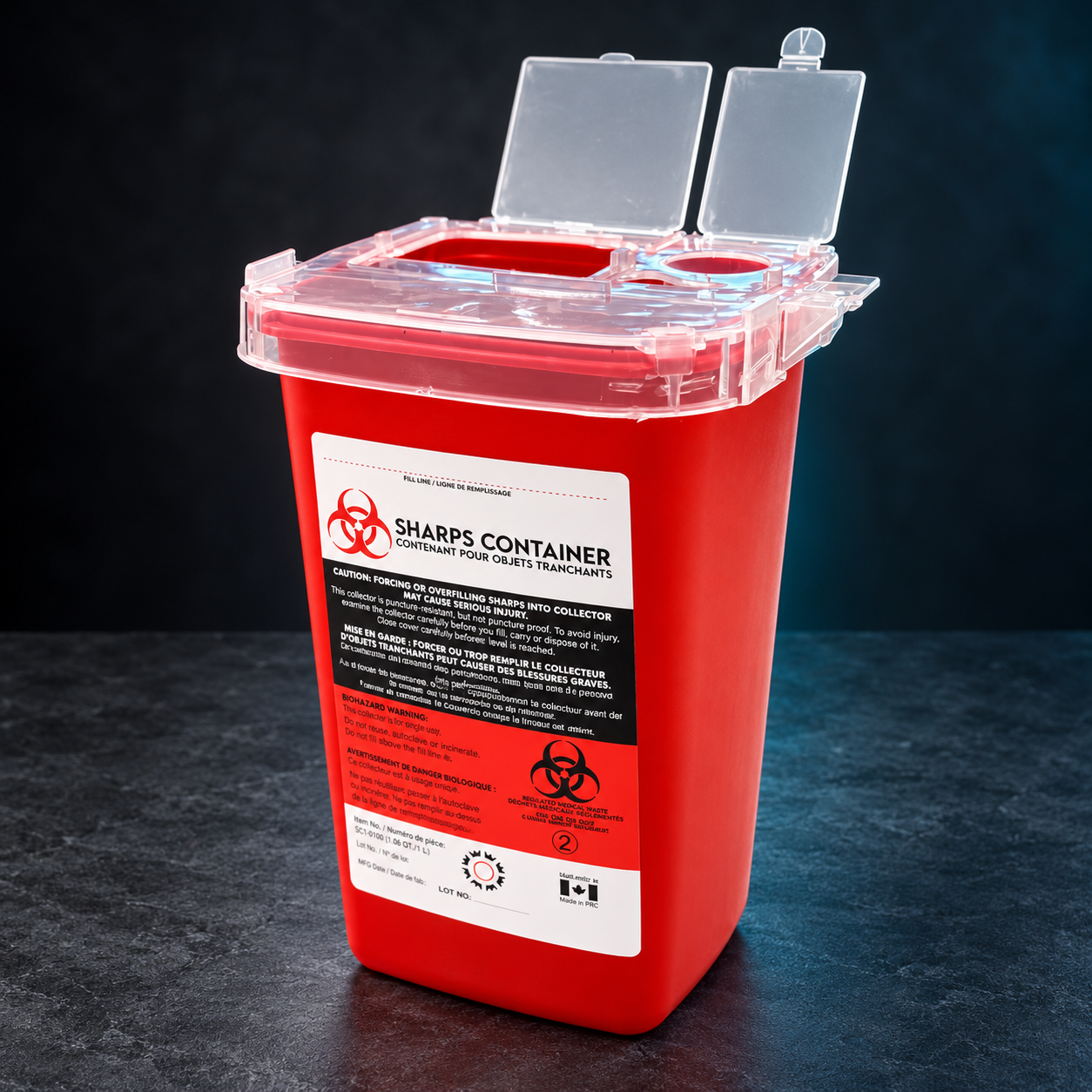 Red Hildbrandt 1 L sharps container with translucent lid and original safety label