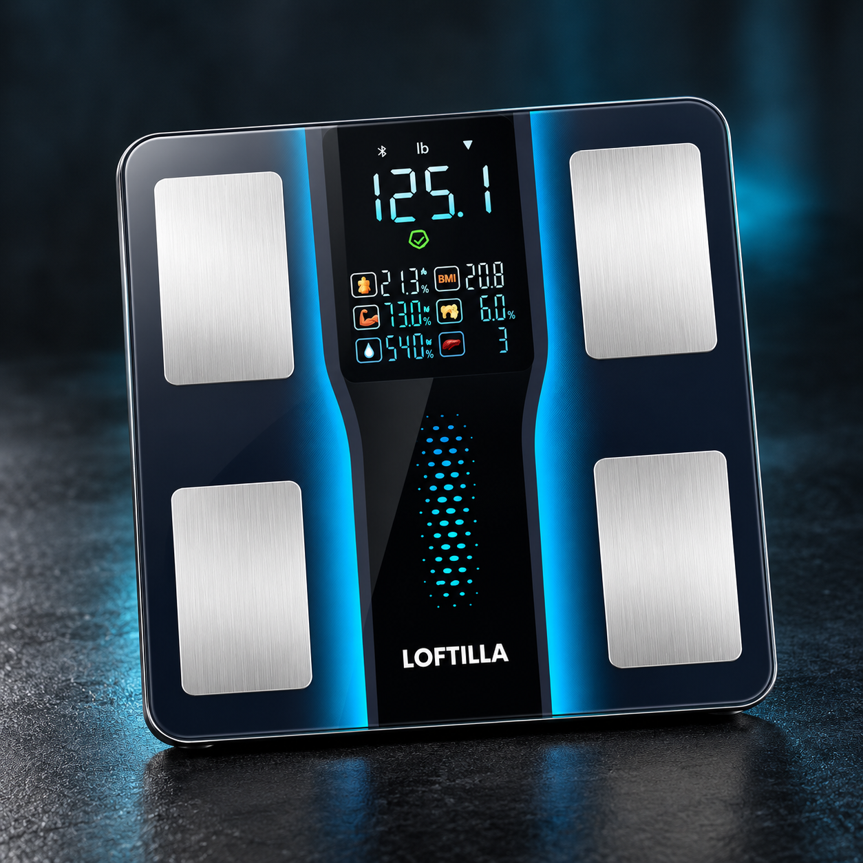 LOFTILLA 4-electrode smart scale in a dark studio setting