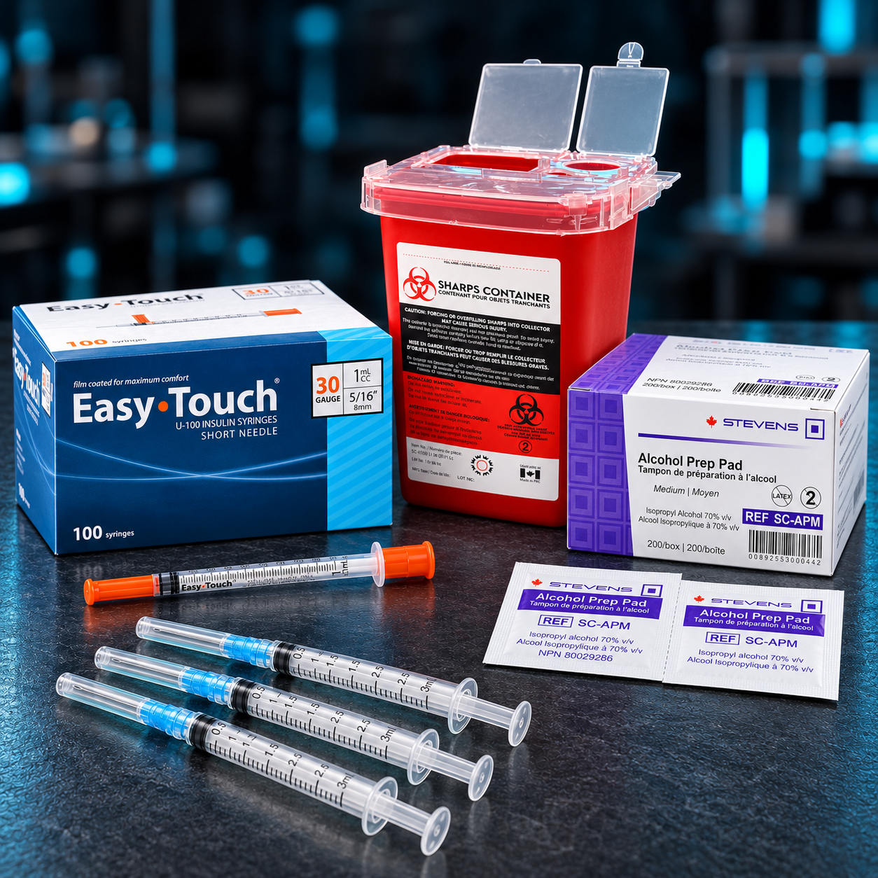 SUPRA-PACK bundle with EasyTouch syringes, capped reconstitution syringes, Stevens alcohol prep pads and a red 1 L sharps container